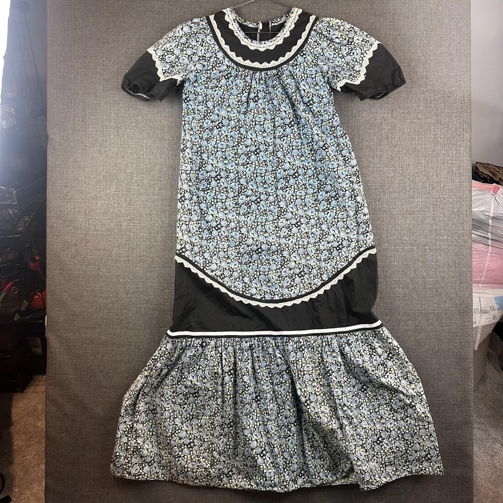 Vintage Prairie Dress Womens‎ Large Blue Black Floral Lace Cottagecore Maxi 70s